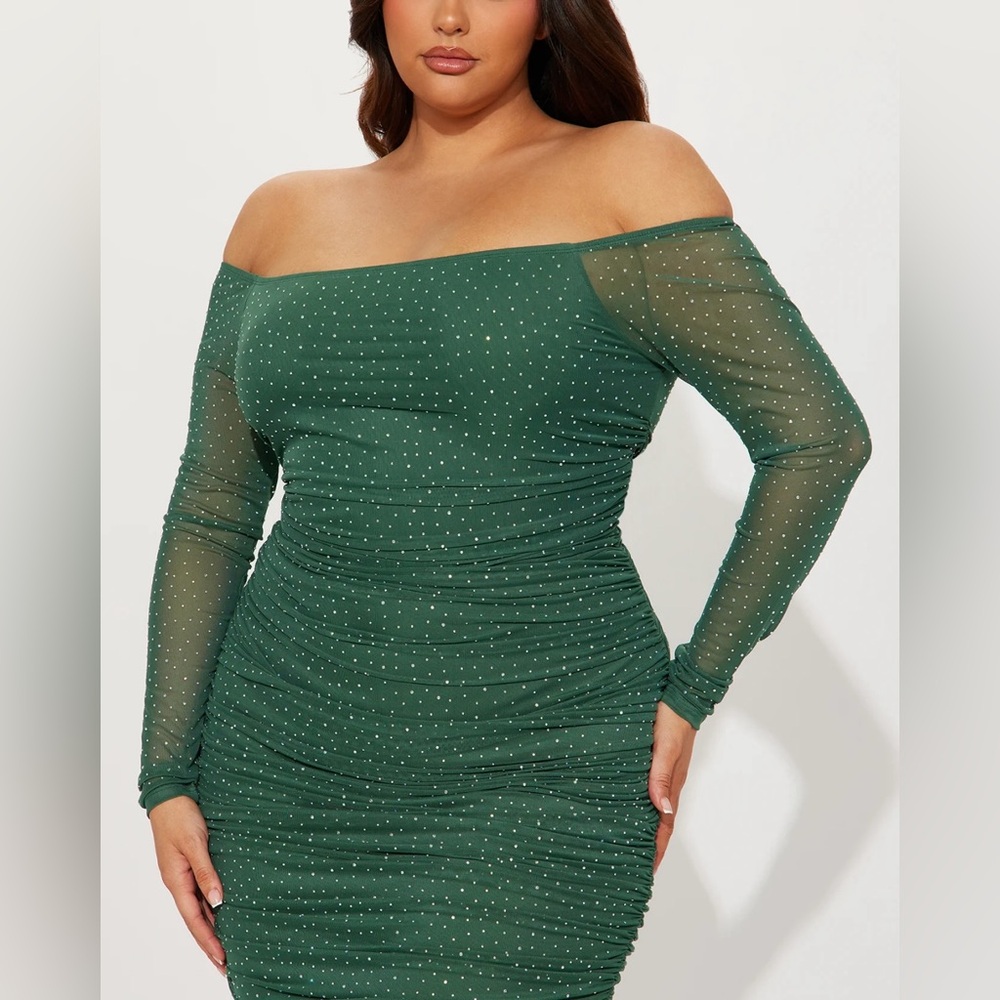 Green with silver rhinestone, sheer off shoulder, long sleeve dress 2X